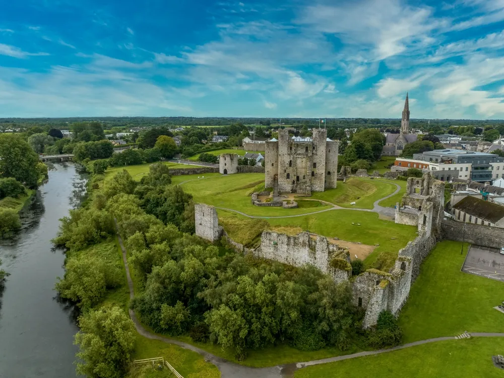 Aerial view of Trim castle popular filming location for medieval movies Norman keep with enclosing walls on the river Boyne in County Meath Ireland
