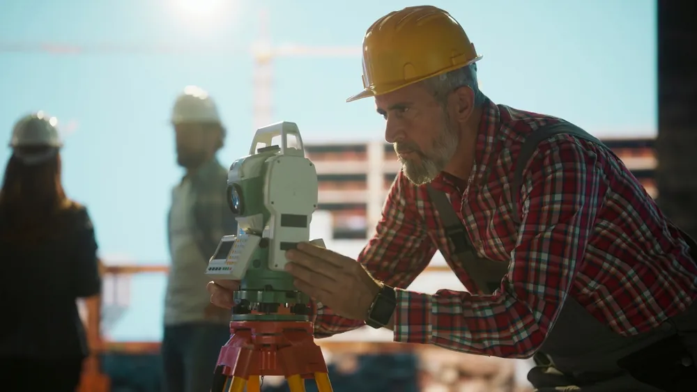 Experienced land surveyor adjusting theodolite total station on tripod at construction site, ensuring precise measurements for building project