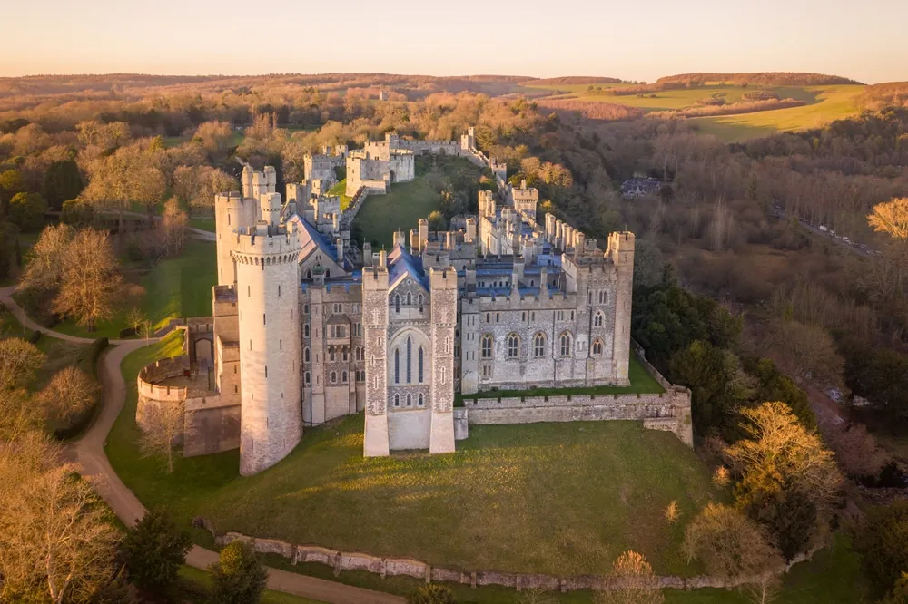Arundel Castle, Arundel, West Sussex, England, United Kingdom. Bird Eye View. Beautiful Sunset Light