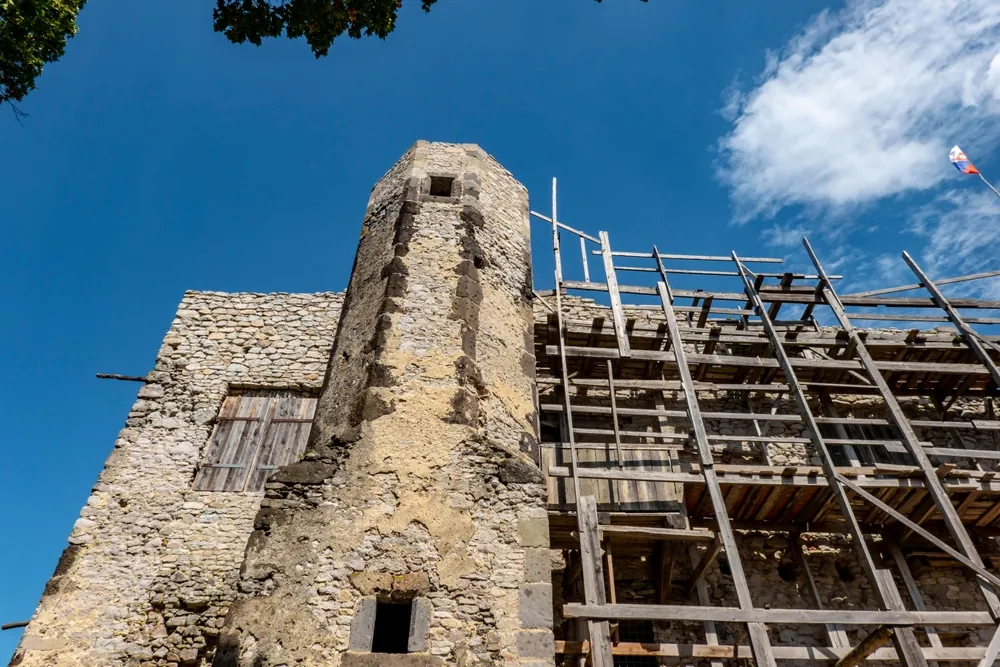 The ruins of Vinne Castle and its surroundings in the Zemplin region of Slovakia during reconstruction
