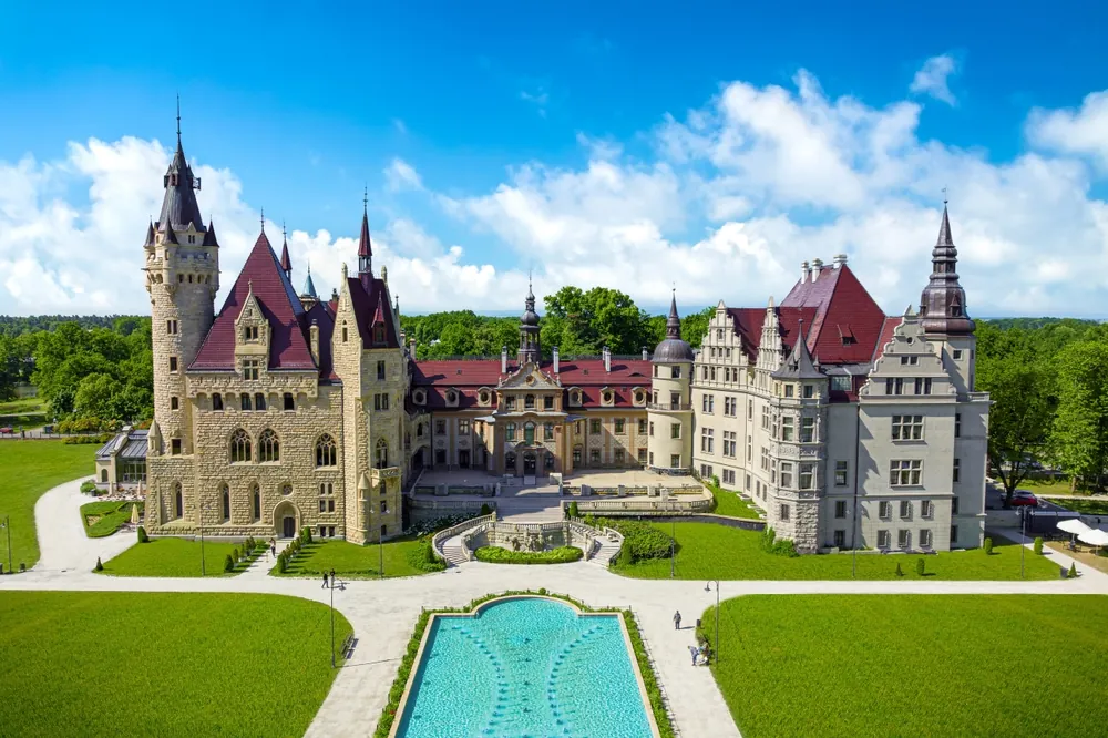 Beautiful view of Moszna castle. The Moszna Castle is a historic palace located in a small village in Moszna is one of the best known monuments in Upper Silesia, Poland