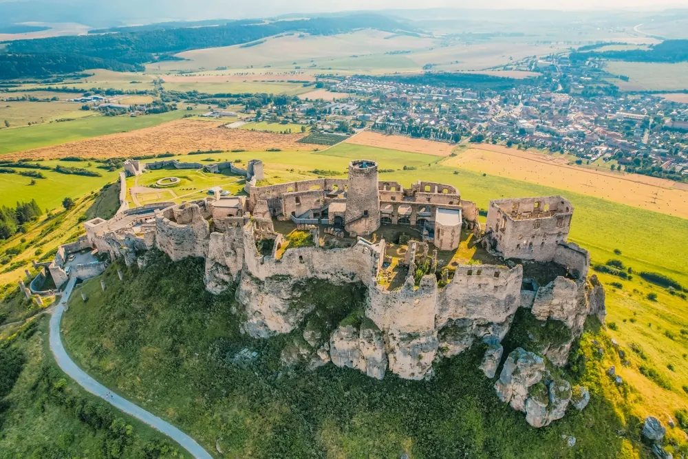 Aerial view of the Spiš Castle near Spisska Kapitula Slovakia, Tatra Mountains on the horizon