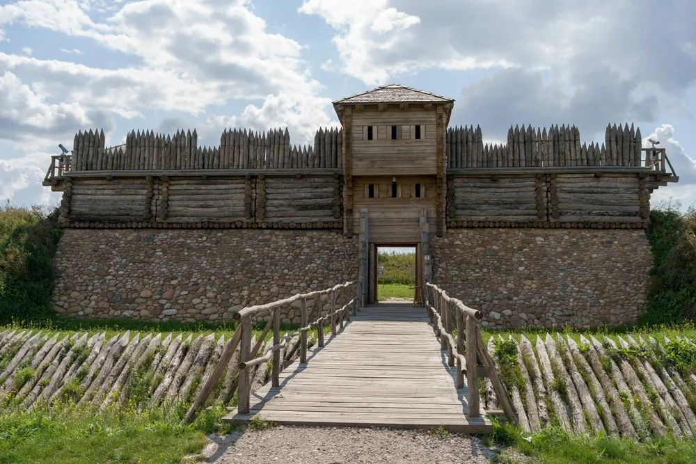 Tum near Leczyca, Lodz Voivodeship, Poland - September 3, 2023: Reconstruction of an early medieval settlement with a pier in Grodzisko Tum Museum