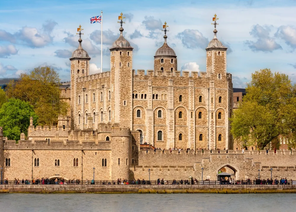 White tower in Tower of London along Thames river, UK