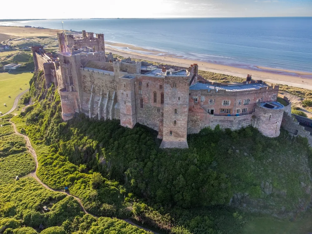 Bamburgh Castle, a historic fortress located on the Northumberland coast in England