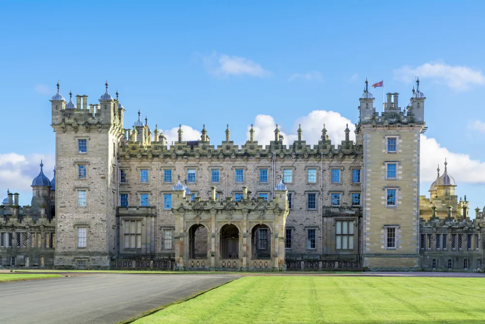 Kelso, Scotland - Feb 17 2018: Floors Castle main entrance and front lawn