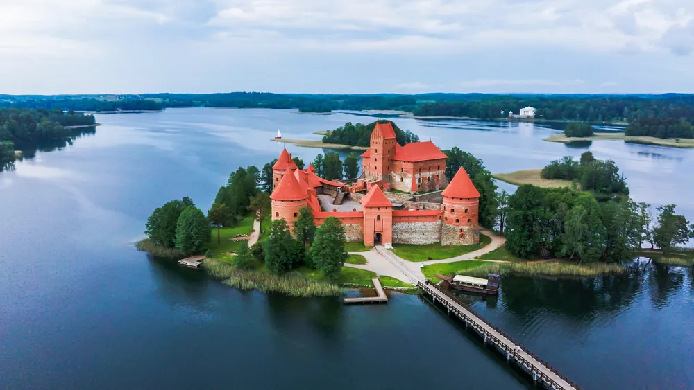 Trakai Island Castle in Lake Galve. Drone View