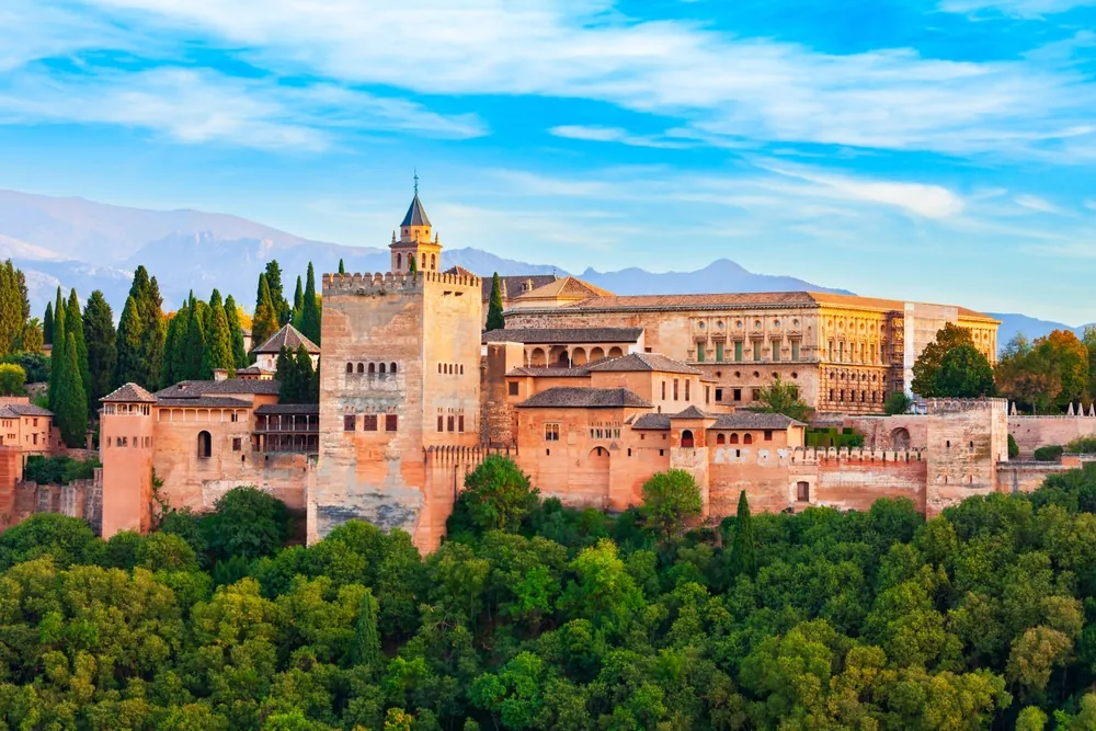 The Alhambra aerial panoramic view. The Alhambra is a fortress complex located in Granada city, Andalusia region in Spain.