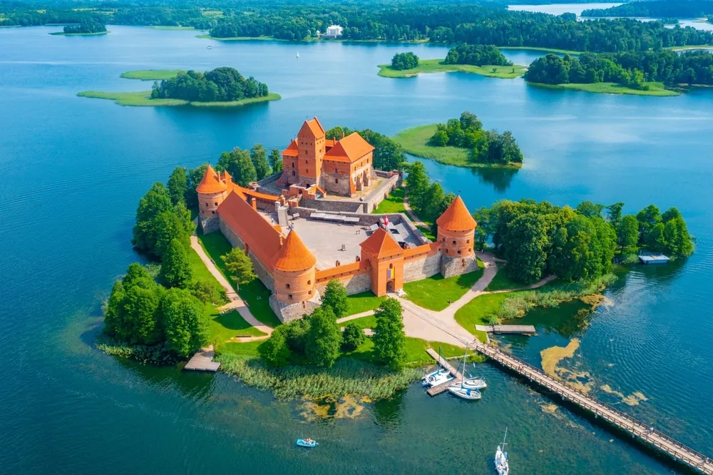 Aerial view of Trakai castle at Galve lake in Lithuania.