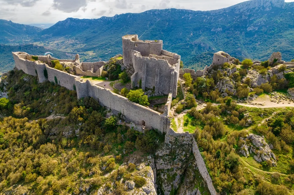 Aerial shot of the Cathar medieval castle Peyrepertuse in south of France