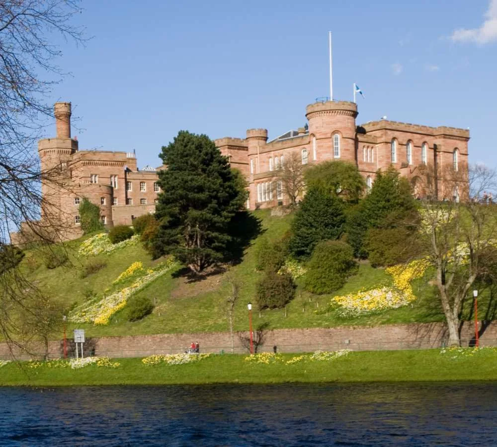 Inverness Castle above the River Ness, the 19th-century red sandstone castle and civic landmark of the Highland capital, castles near Inverness