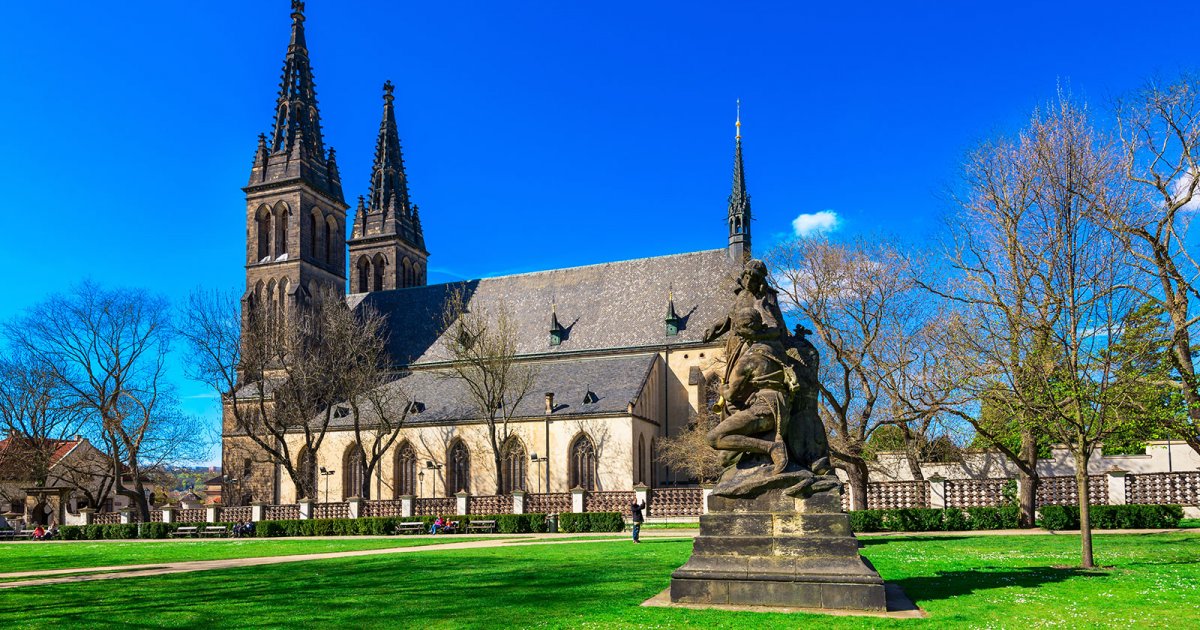 Vyšehrad on its rocky outcrop above the Vltava, the legendary first seat of the Přemyslid dukes and a fortified national-revival cemetery, castles near Prague