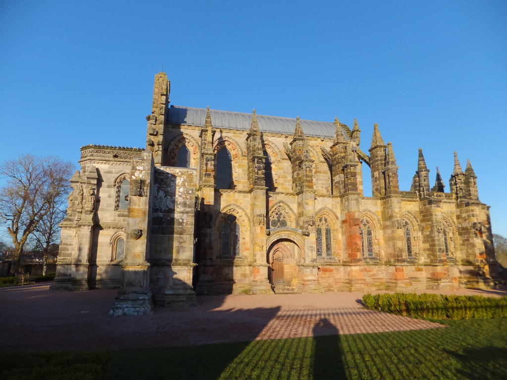 Rosslyn Chapel and Roslin Castle in Midlothian, the carved 15th-century St Clair chapel made famous by The Da Vinci Code, castles near Edinburgh