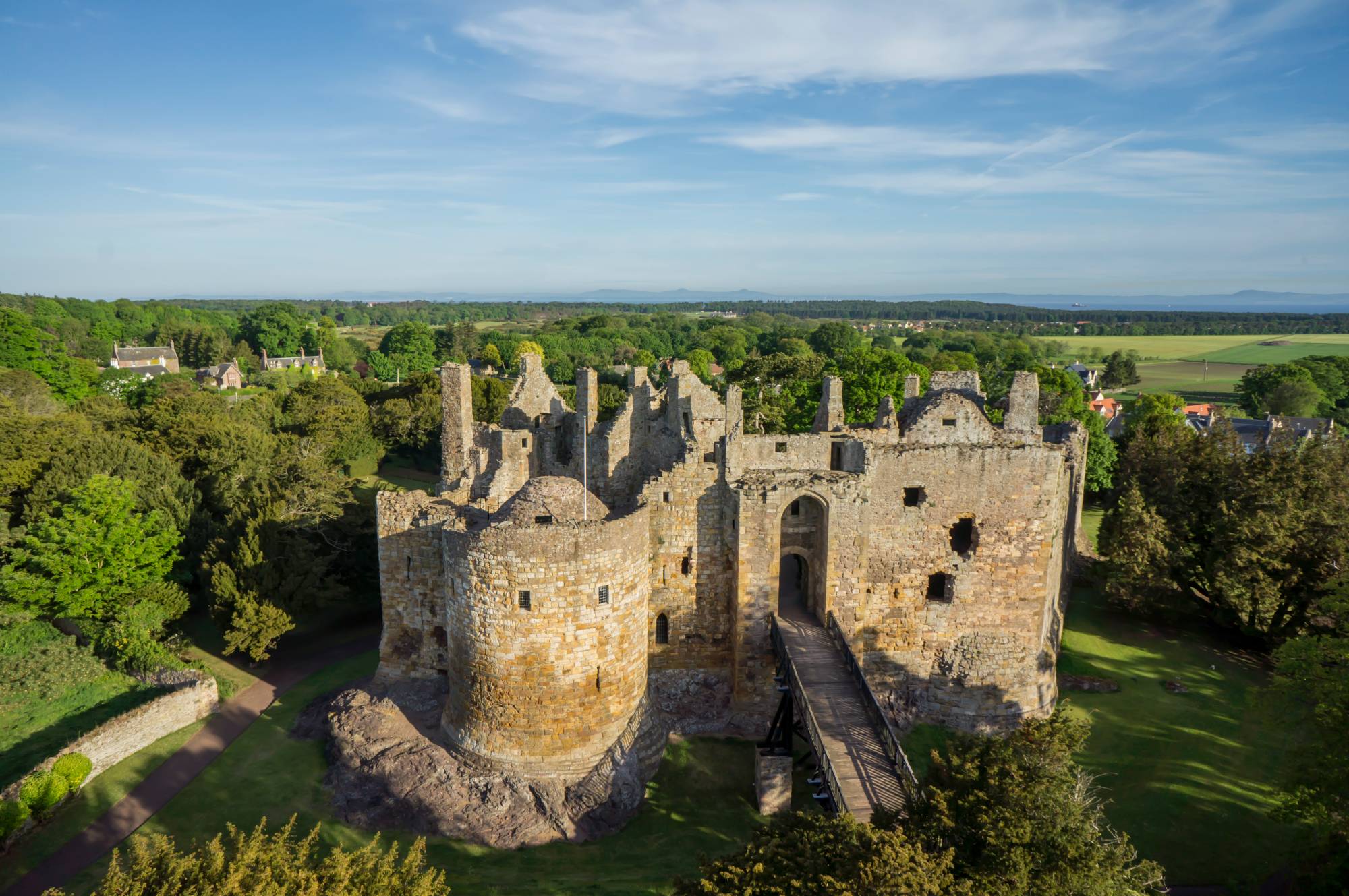 Dirleton Castle in East Lothian, the 13th-century De Vaux stronghold with its medieval doocot and stunning herbaceous garden, castles near Edinburgh