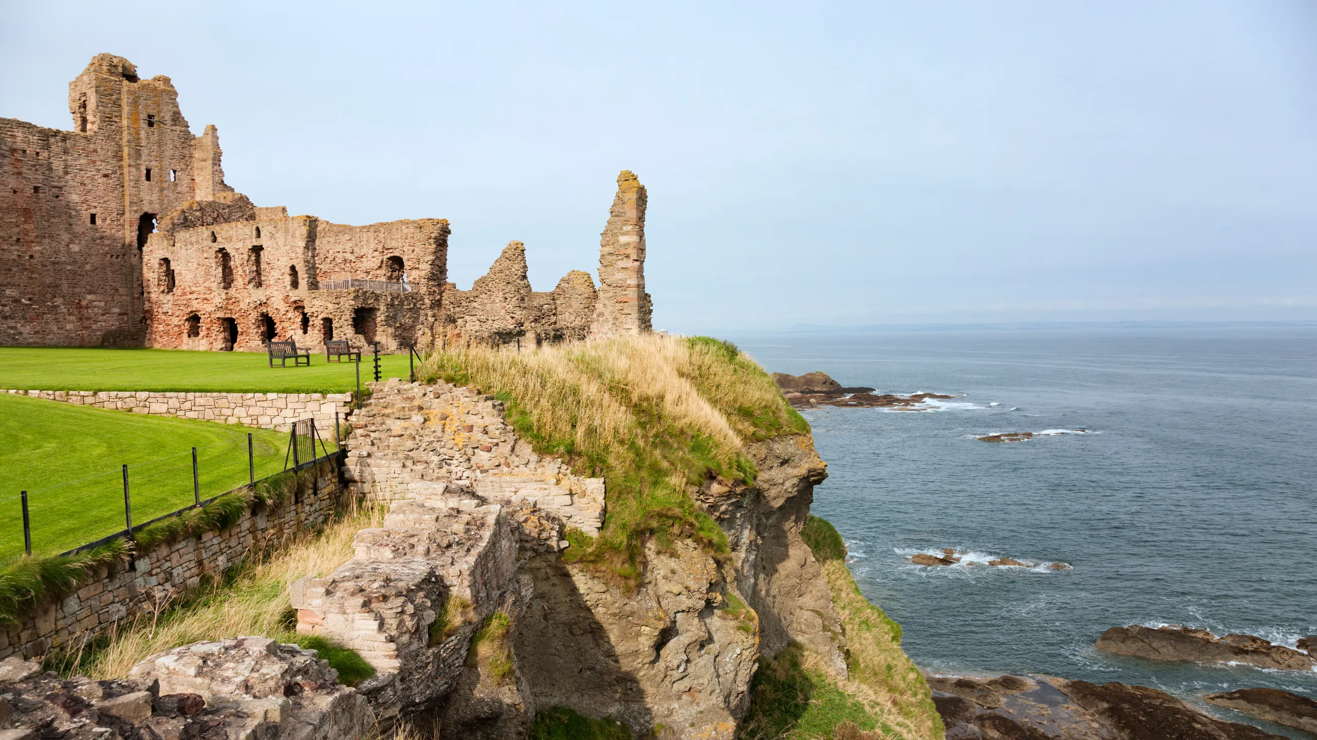 Tantallon Castle on the East Lothian cliffs, the great Red Douglas curtain-wall stronghold facing the Bass Rock, castles near Edinburgh