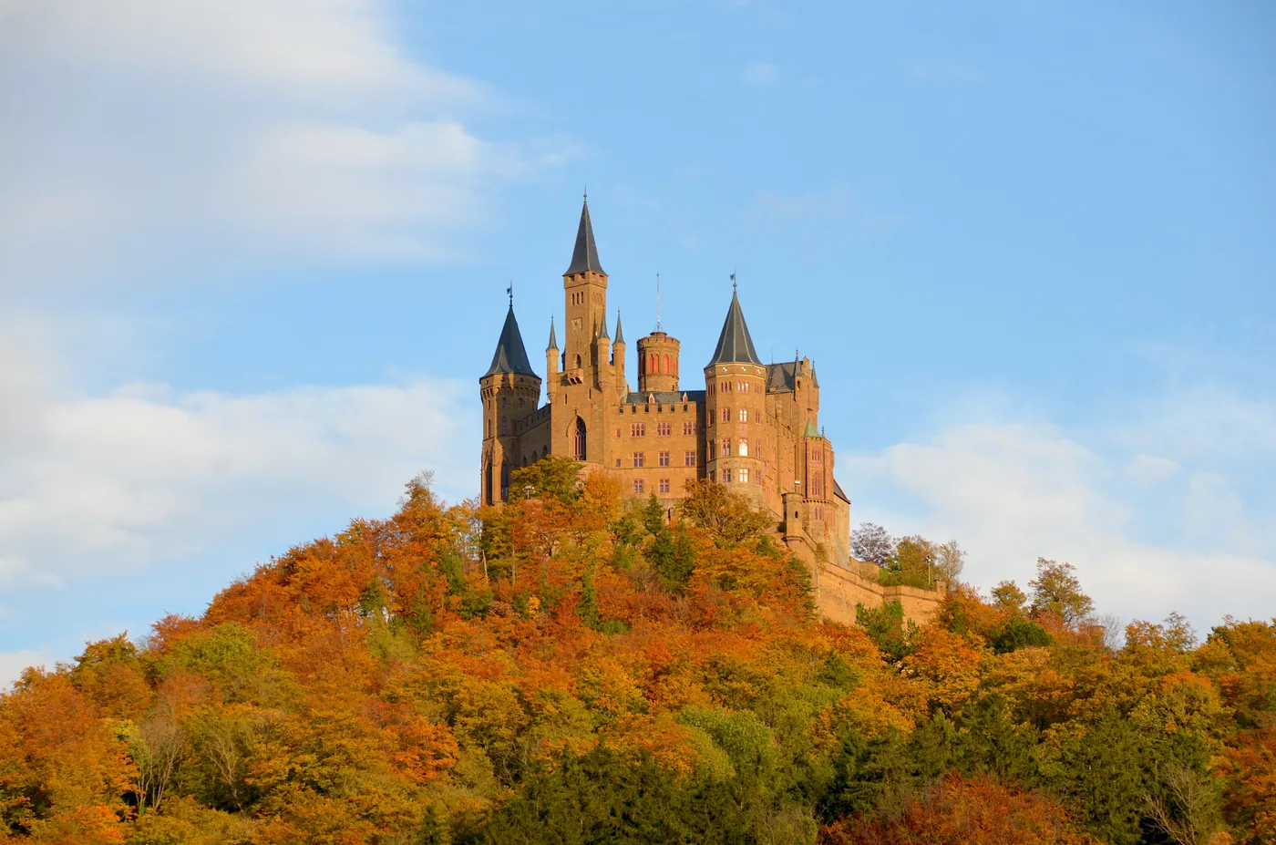 Burg Hohenzollern on its hilltop, a fairytale castle in Germany