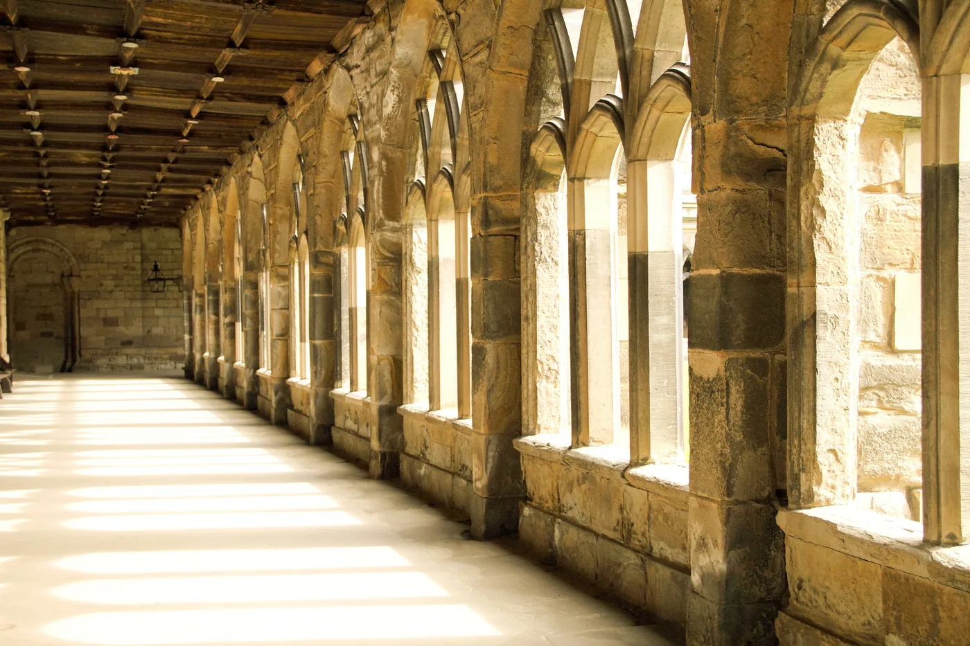 The cloisters of Durham Cathedral, a Hogwarts filming location used as the school corridors in Harry Potter