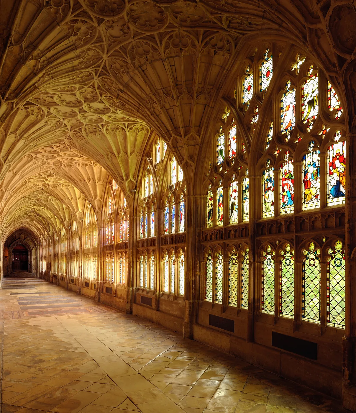 The fan-vaulted cloisters of Gloucester Cathedral, the recognisable Hogwarts corridors in the Harry Potter films