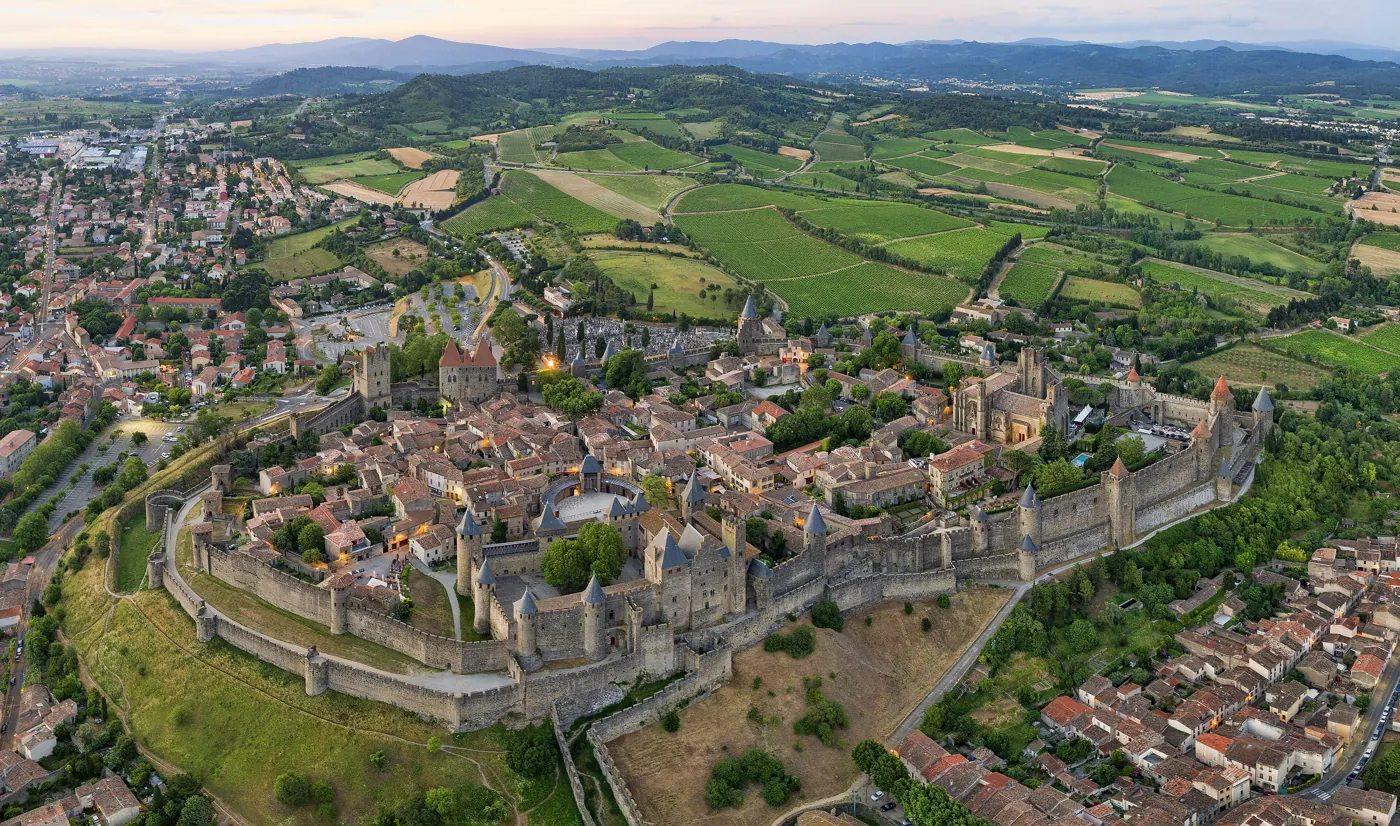The walled fortress city of Carcassonne, ringed by 52 towers, the most-visited fortified town in Europe