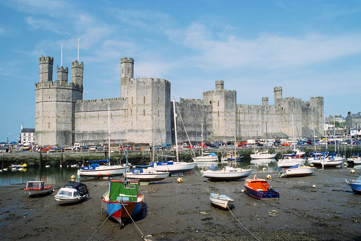 Caernarfon Castle in North Wales, its polygonal towers and banded masonry modelled on Constantinople