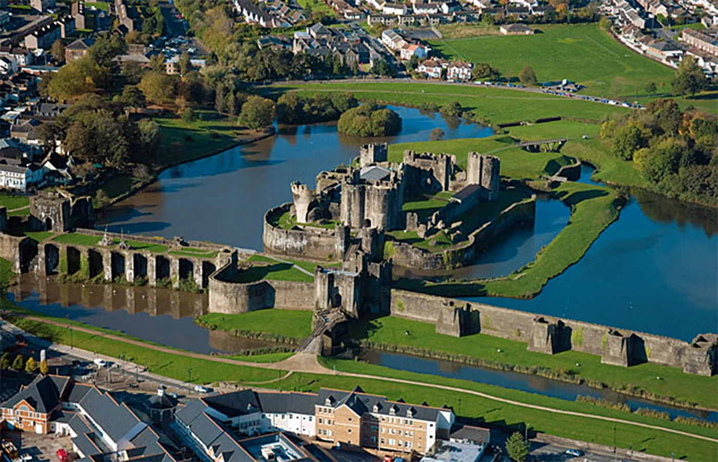 Caerphilly Castle, the second-largest castle in Britain, famous for its leaning tower