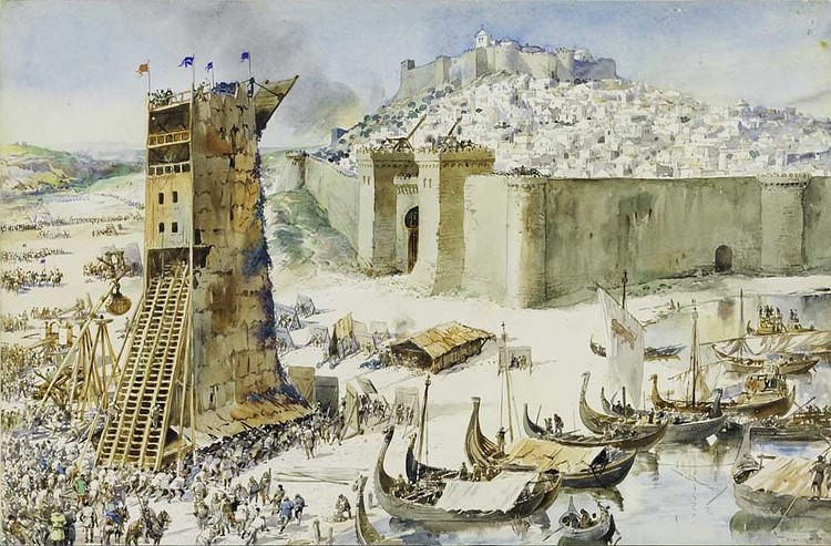 A medieval castle under siege by an attacking army